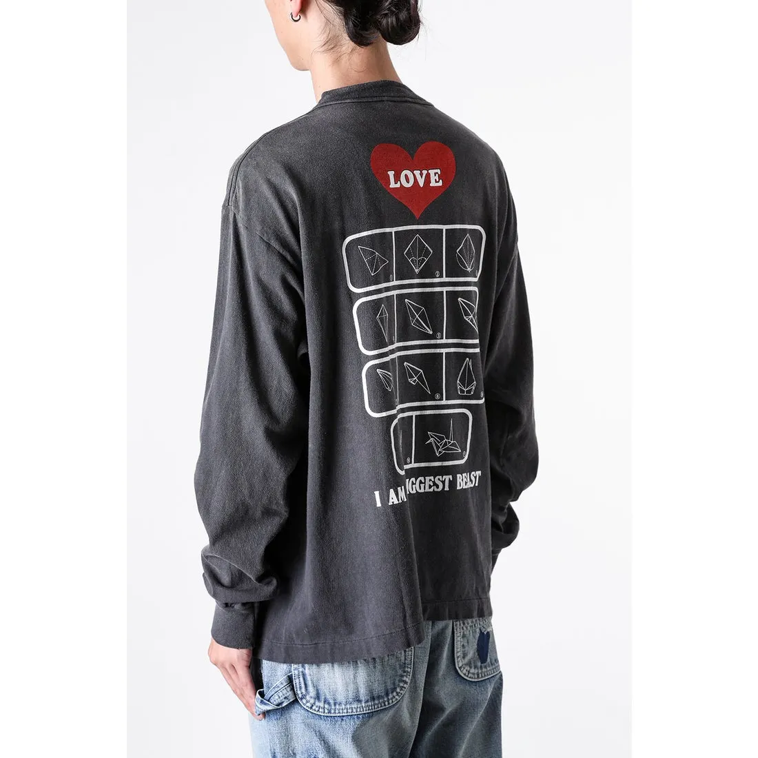 SAINT Mxxxxxx LS TEE/LOVE/BLK LOVE Love Thousand Paper Cranes distressed long sleeves with holes, washed black S-XL, look for cylindrical fabrics without side seams, don’t buy open ones anymore, boring Assute ready-made garments dyed, the whole piece is spray-painted and faded, the collar and cuffs are frayed, many places are worn, the original printing is restored/accessories are complete, with little angel anti-counterfeiting label